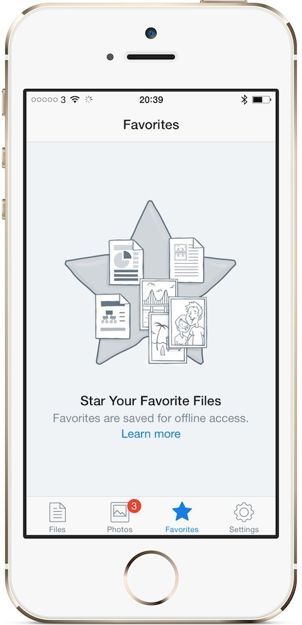 Empty Dropbox Favorites screen displaying information about that feature