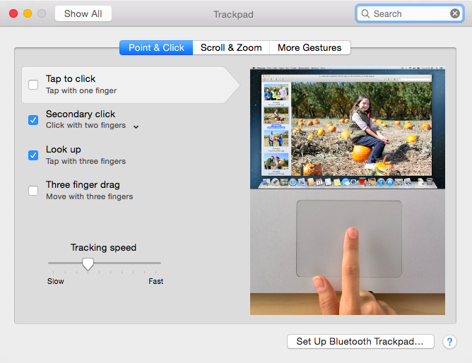 picture of the OS X Trackpad System Preferences Pane, displaying a video alongside each individual multitouch gesture